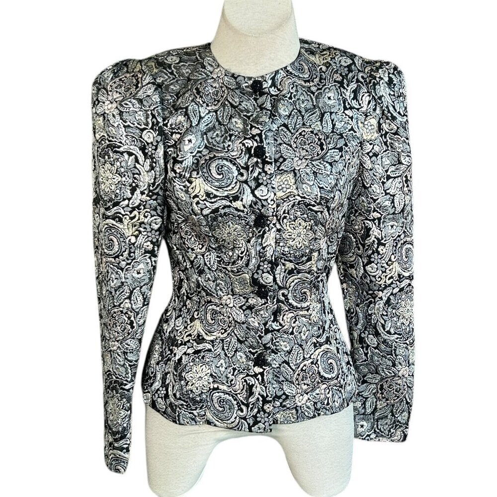 Scott McClintock Vintage 80s Metallic Silver Black Formal Blazer Size 6 - Picture 2 of 9